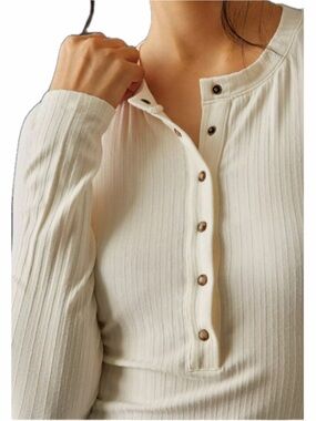 Anthropologie Cream Ribbed Long-Sleeve Henley Top